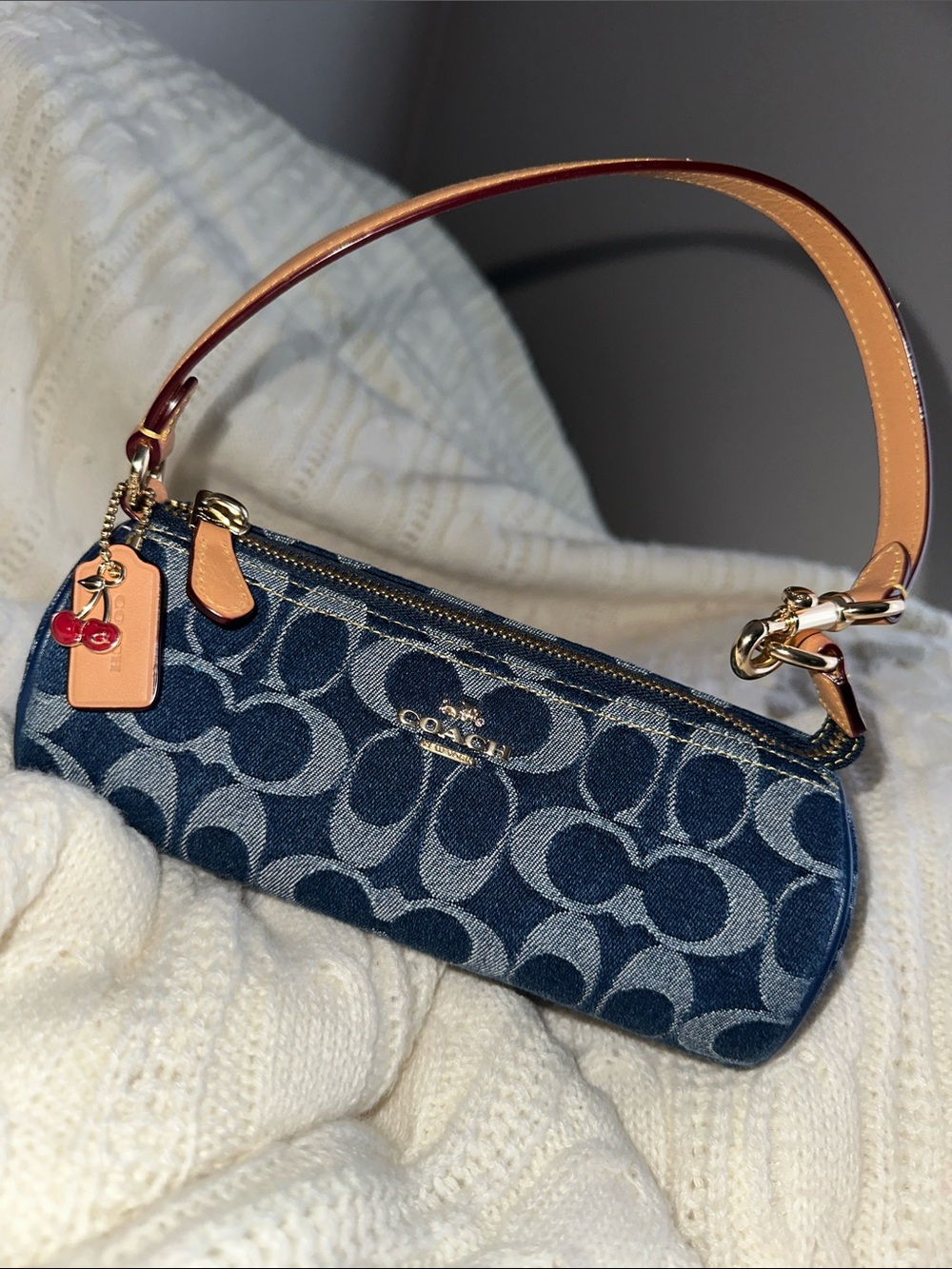 Coach Denim Signature Mini Barrel Bag with Tan Leather Strap